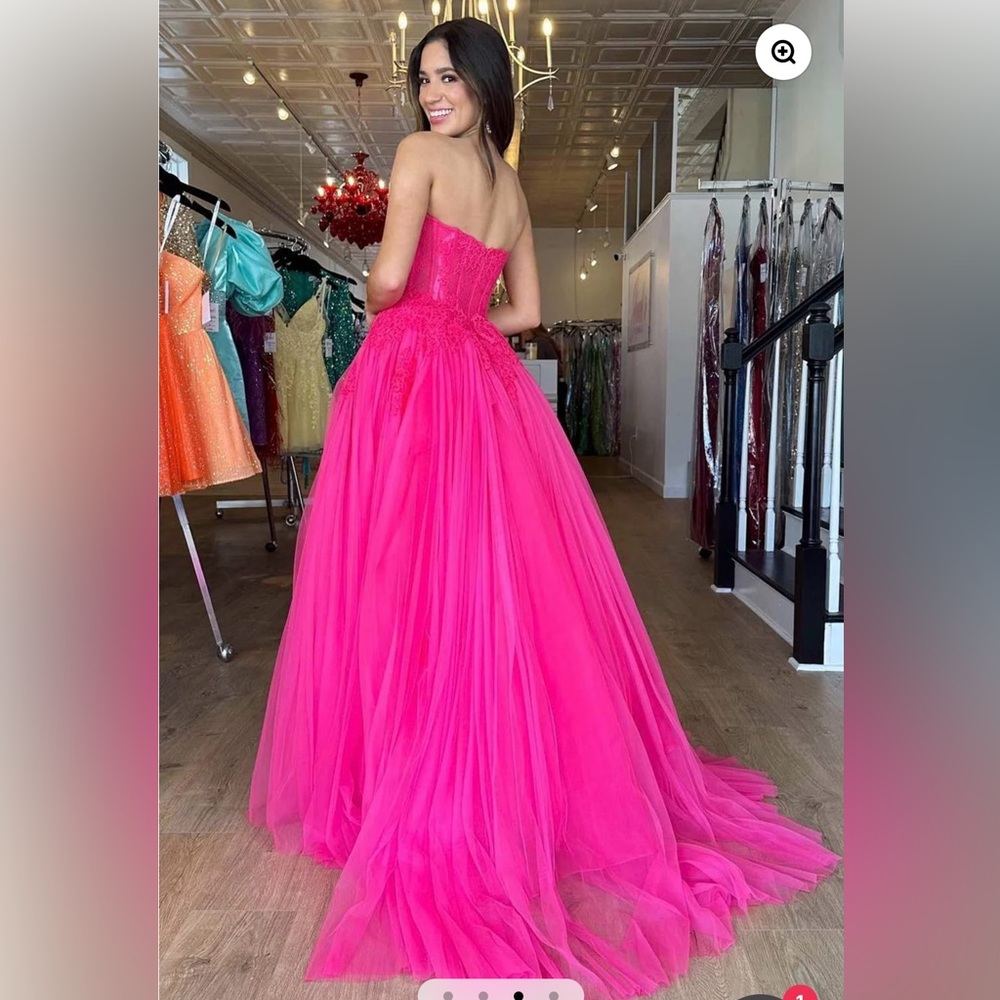 Amora |A-Line Hot Pink Tulle Lace StraplessLong Prom Dress - Picture 3 of 4